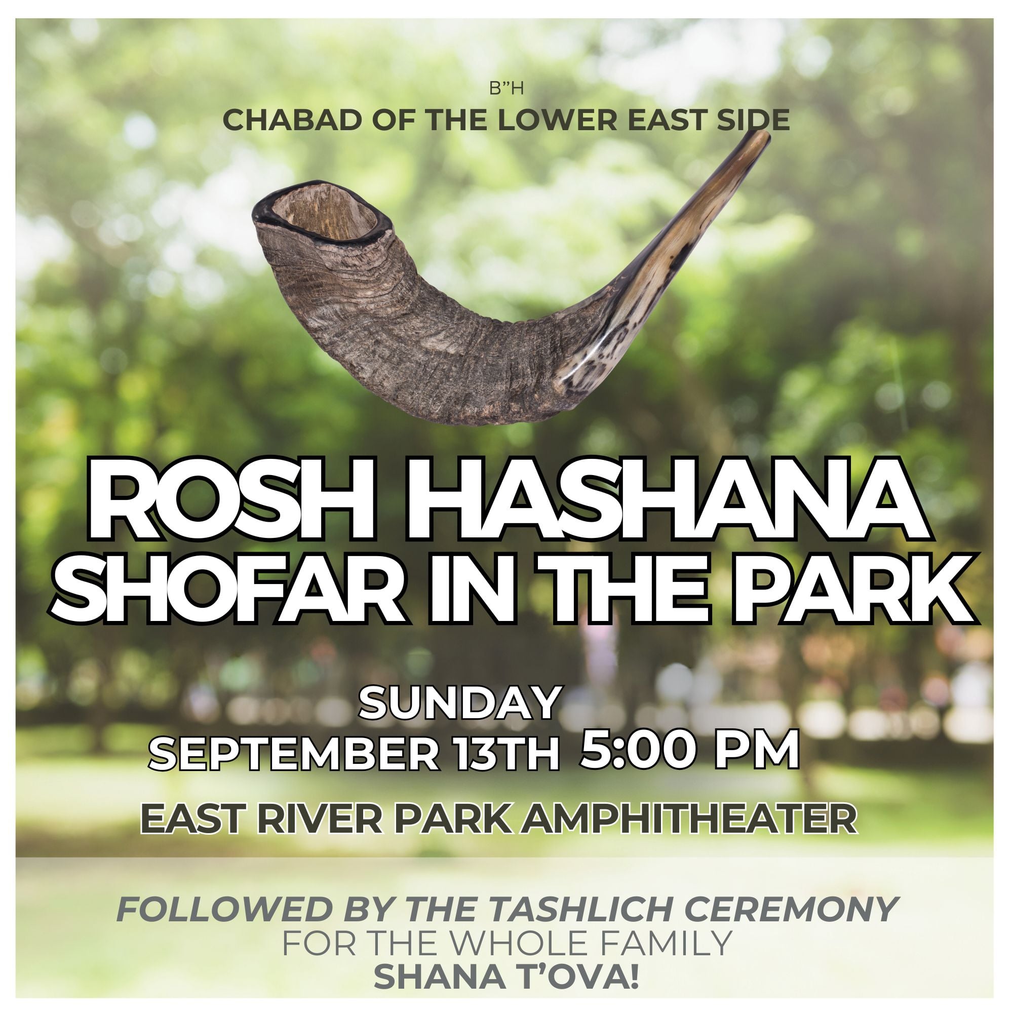 Rosh Hashana Shofar in the Park, Sunday September 13 at 5:00 PM, East River Park Amphitheater, followed by the Tashlich Ceremony